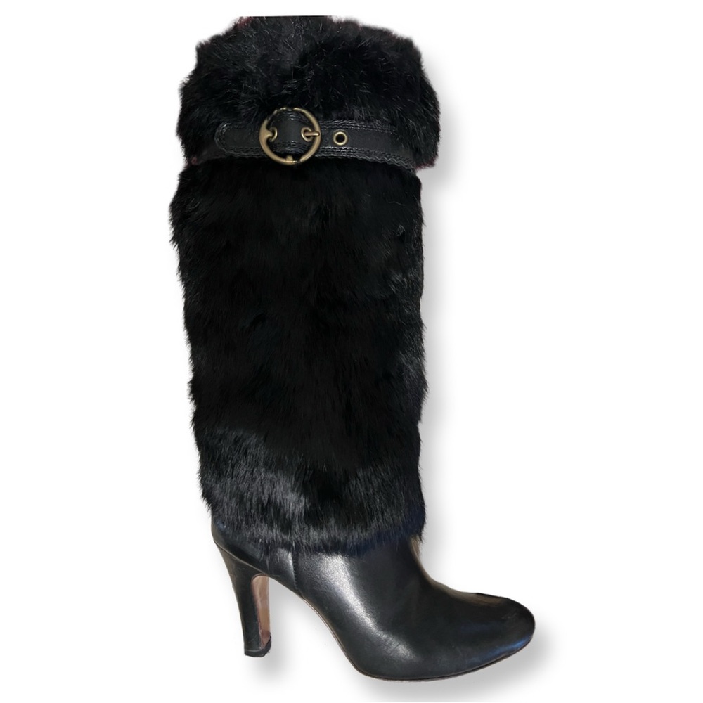 Frye Ava Rabbit Fur Leather Heeled Boot in Black